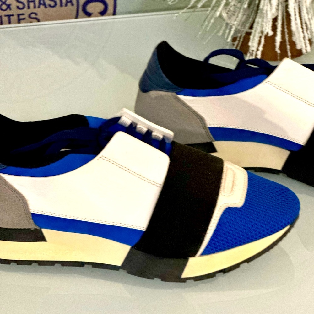 BALENCIAGA Race Runner Low Top Sneakers Black/White/Blue SZ US 5